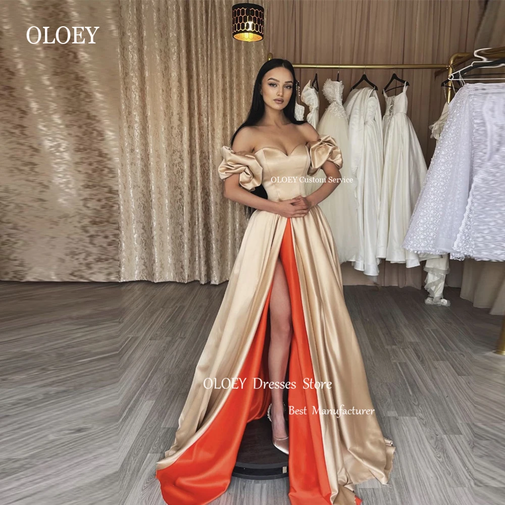 

OLOEY Sexy Sweetheart A Line Champagne Prom Dresses Off the Shoulder Sleeves Split Evening Gowns Long Formal Party Dress