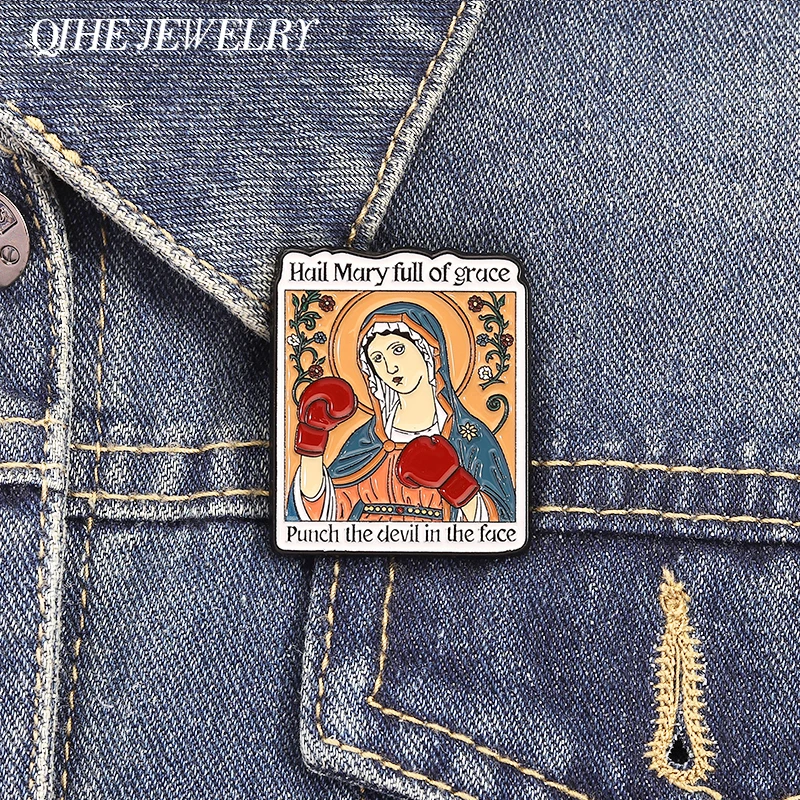 الكرتون الملاكمة المينا دبابيس الإبداعية حائل مريم مليئة نعمة لكمة الشيطان في الوجه شارة التلبيب دبابيس مجوهرات صديق هدية #1