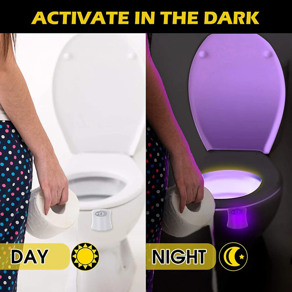 Smart Toilet Cover Night Light Body Sensor Toilet Light LED Glowing Light Bathroom Accessories Toilet Cabinet Light 8 Colours