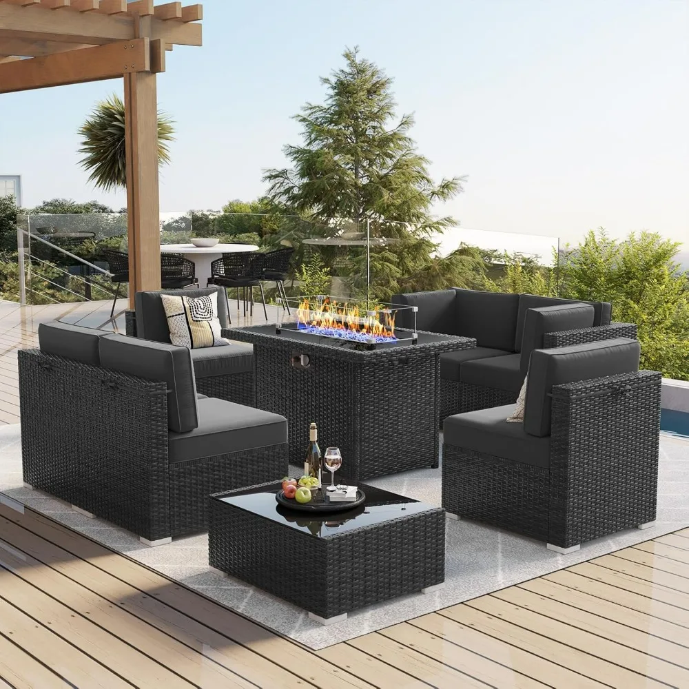 8 Piece Patio Furniture Set with 44"Fire Table, Outdoor Furniture Conversation Set Wicker Rattan Sofa Set with Coffee Table image 2
