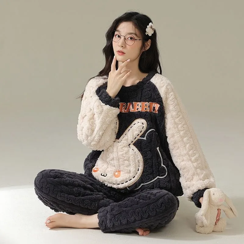 2024 New Sleepwear Women's Autumn Winter Thick Plush Sleepwear Coral Velvet Cartoon Cute Loungewear Warm Flannel Homewear Set