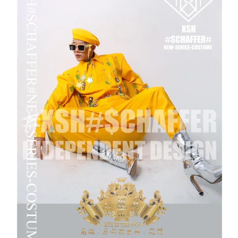 

Cosplay Nightclub Bar Gogo Men's Halloween Yellow Leather Fashion Acrylic Pendant DS Men's Atmosphere Performance Costume Custom