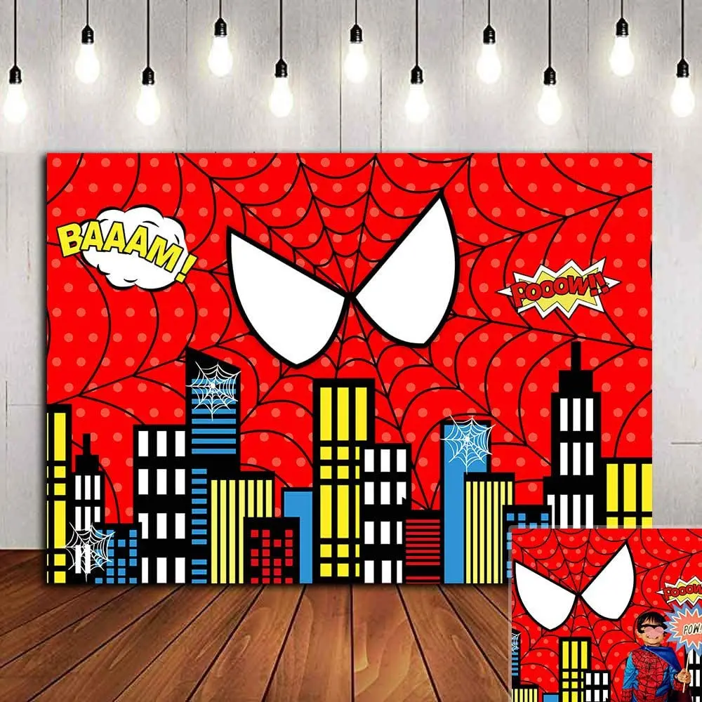 Spider Web Photography Backdrop Children Boys Baby Birthday Party Shower Supplies Heros Cityscape Photo Background Banner