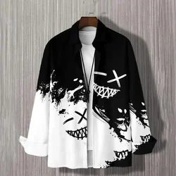 2024 patchwork color pattern printed men's shirt street trend men's lapel long-sleeved tops large size men's shirt fashion new