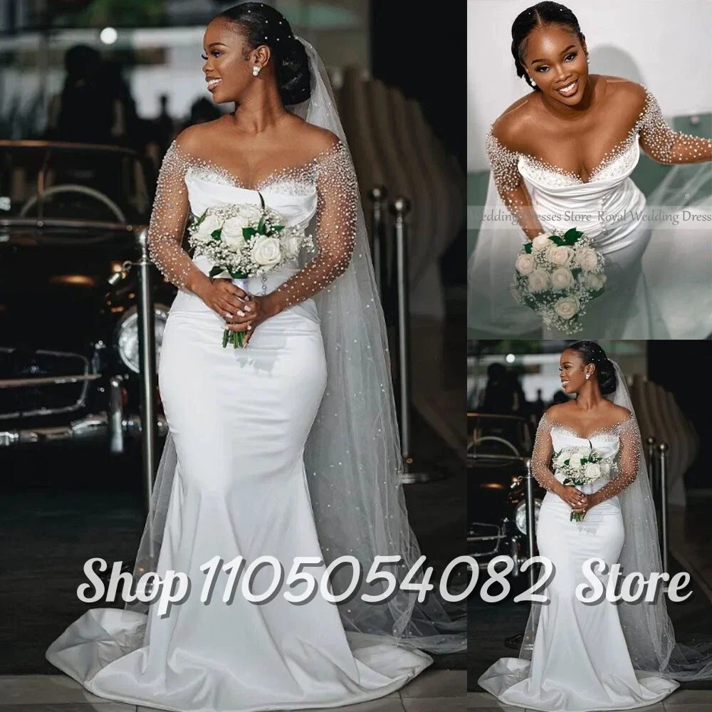 Customized Classic Fishtail Wedding Dress White Snap Shoulder Long Sleeve Beaded Long Black Girls Bridal Gowns