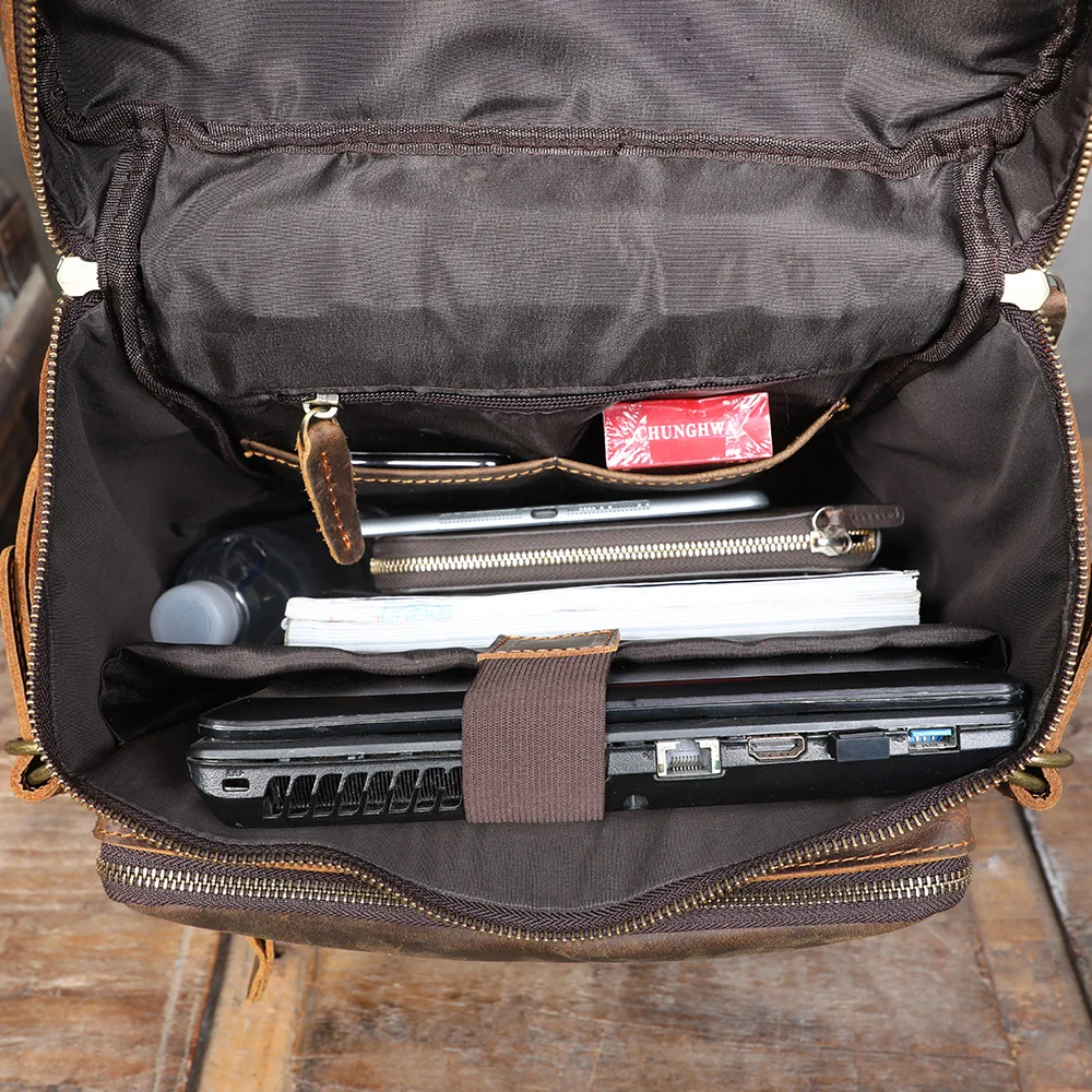 Vintage Echtleder-Rucksack, Laptop-Tasche, Crazy-Horse-Leder-Schultasche, Outdoor-Reise-Weekender-Umhängetasche – Detail 14