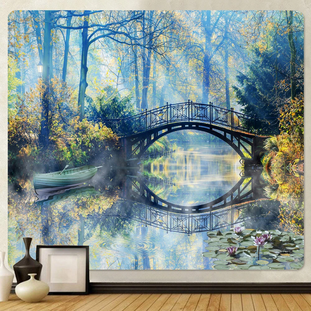 Quiet Forest Tapestry Green Trees Lake Boat Home Bedroom Living Room Decoration Background Wall 