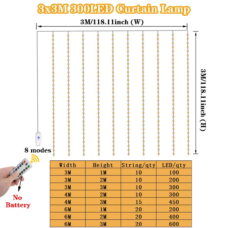 USB LED Curtain String Light Fairy Remote Holiday Garland Lamp 8 Mode for Home Room Christmas New Year Wedding Party Decoration