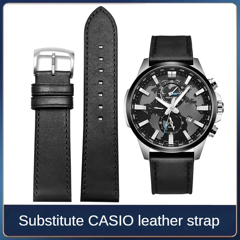 Substitute Casio 5468EFV 540/EFS-S500/510/EFR-303L/304 Series Black Flat Interface Leather Watch Strap With 20/22mm.