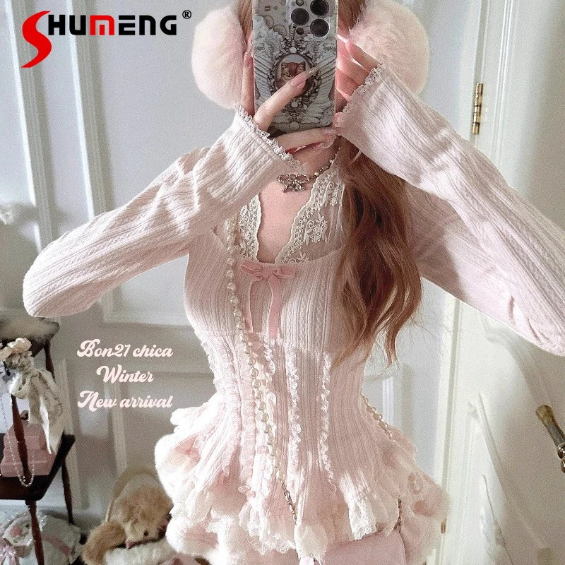 

Lace Halter Fake Two-Piece Knitwear Japanese Lolita Sweet Cute Socialite Style Slim Fir Top Knitted Sweater Kawaii Clothes Women