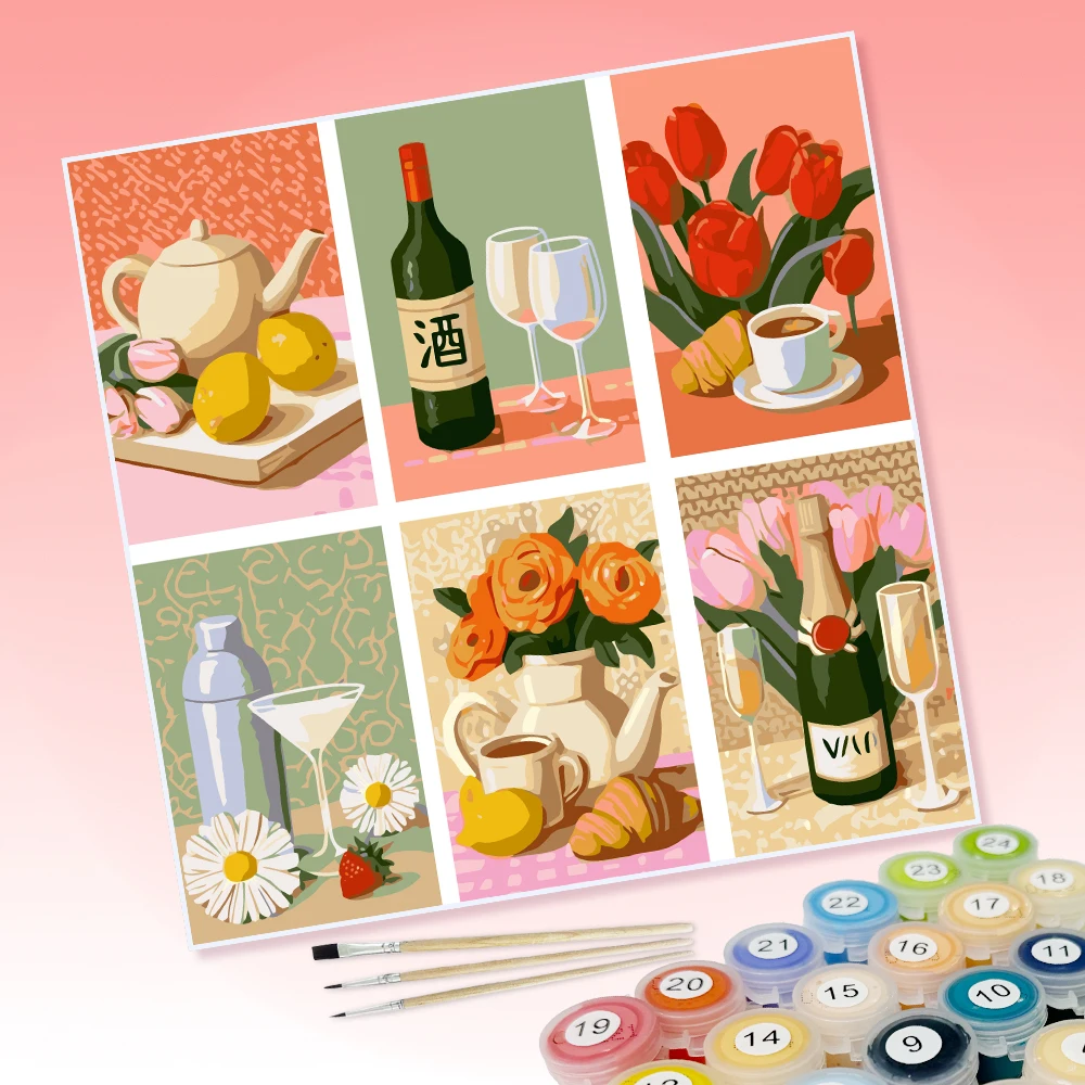 6 DIY-Malbilder mit Motiven von Teesets, Wein, Blumen, Stimmung und Brot, geeignet zur Wanddekoration im Haus. – Detail 1