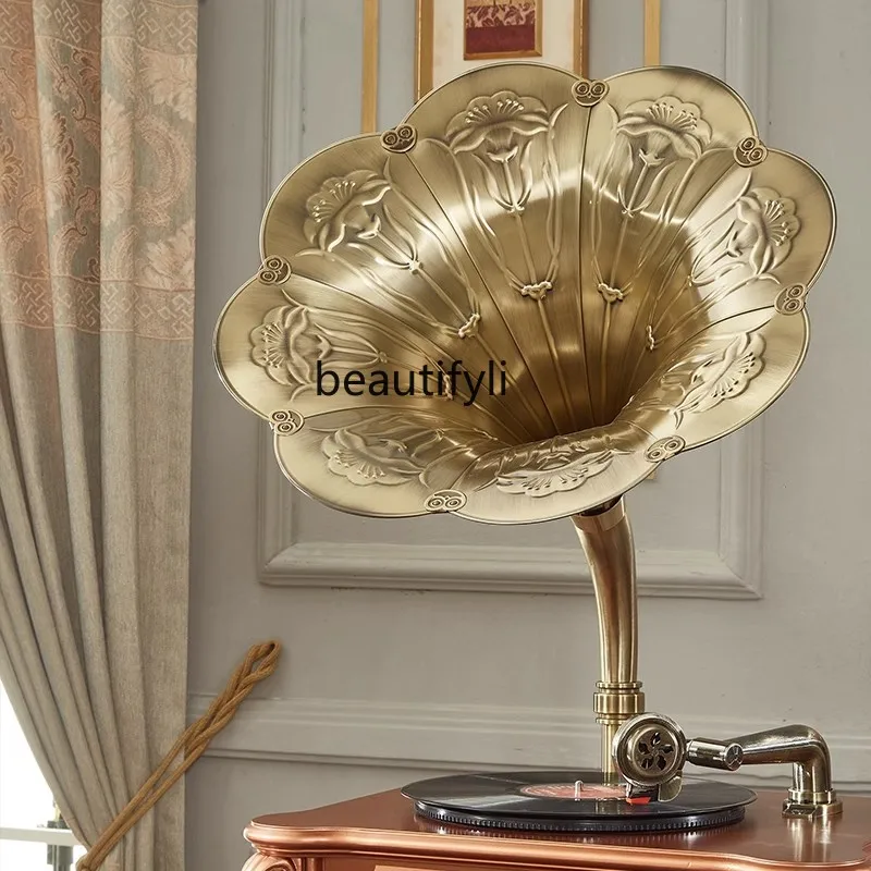 Large speaker gramophone retro living room ornaments light luxury record player bluetooth audio solid wood vinyl record player