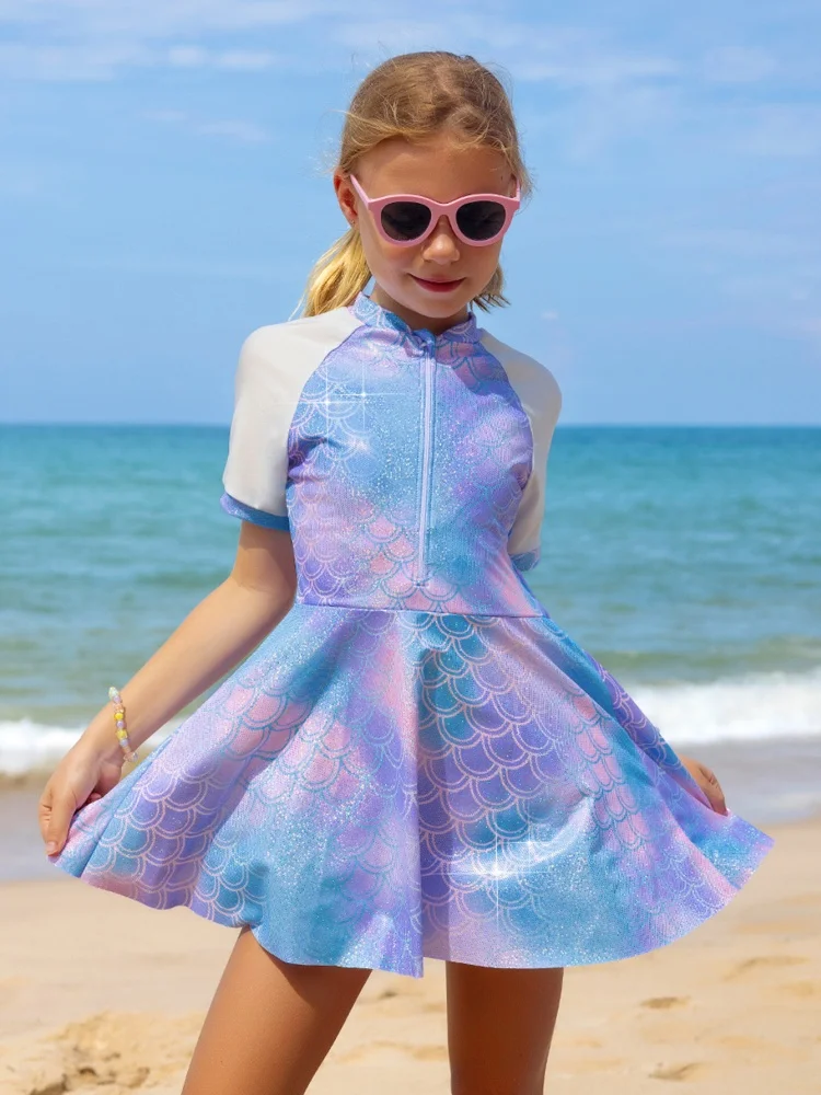Two Piece Swimsuit Girls Kids 2026 New Print Short Sleeves Zipper Children Swimwear Summer Dress Shorts Bathing Suits Swimming