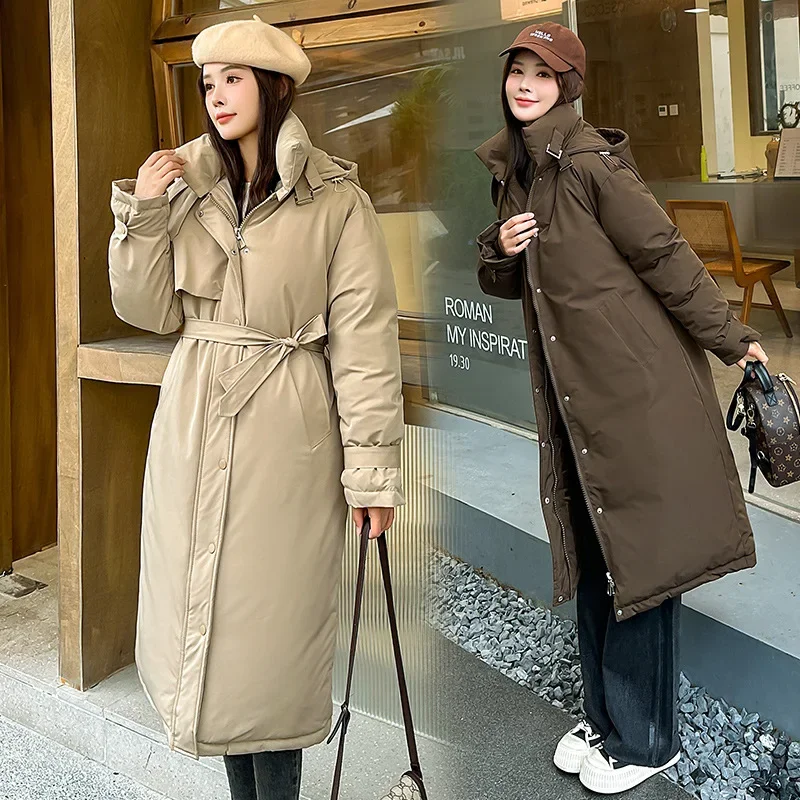 Long Maxi Coats Women Parkas Hooded Thick Warm Elegant Splice Lace Up High Waist Autumn Winter Stand Khaki Collar Jackets Coat