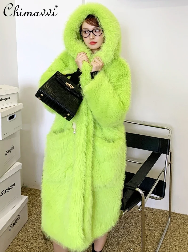 High-End Fruit Green Fur Fashion Loose Hooded Furry Coat Women's Lamb Wool Pocket Long Sleeve Elegant Warm Women's Jacket Winter