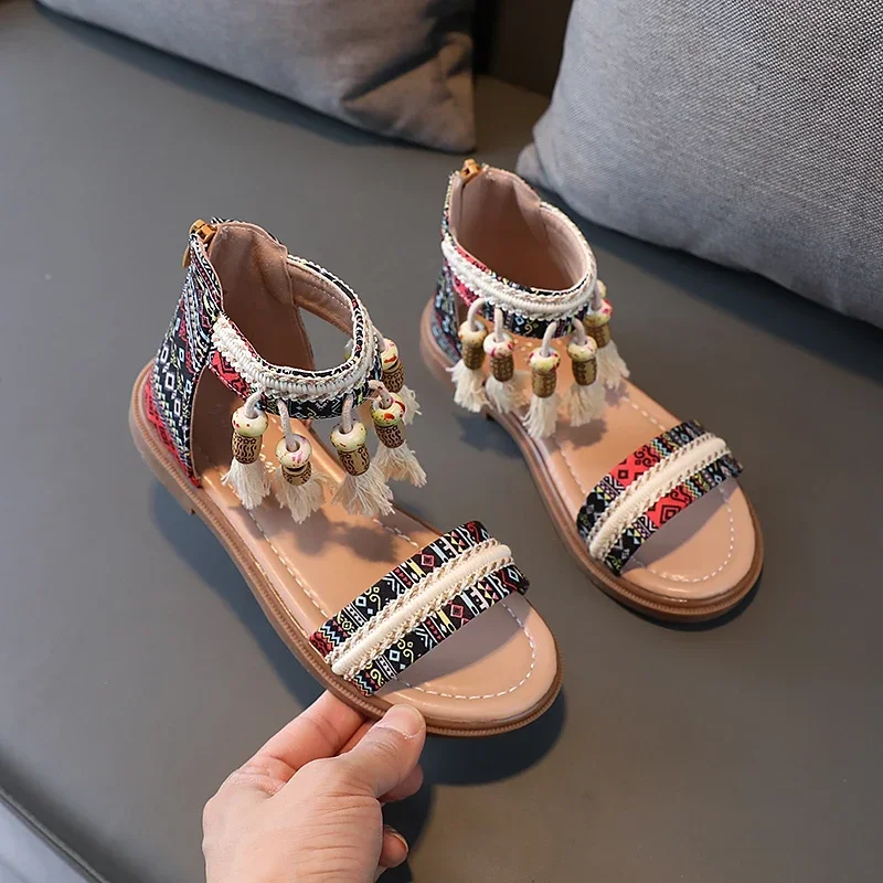 

Girls Gladiator Sandals Princess Sweet Kids Beach Shoes Kids Summer Retro Ethnic Traditional Sandals with Tassels Soft Back Zip