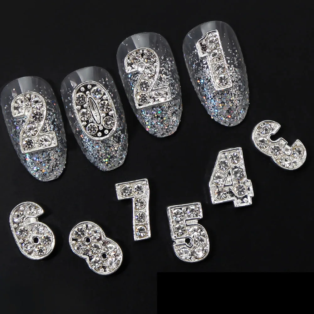 100pcs/lot 3D 0-9 Numbers Nail Art Charms Gold/Sliver Diamond Rhinestones Decorations Nail Accessories Metal Nail Jewelry Bulk