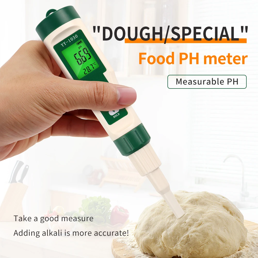 Lebensmittel-pH-Tester Teig-Alkalimeter-pH-Meter 0, 3-0, 5 für boden kosmetische Lebensmittel Käse Fleisch Obst ph cf Dual-Display – Detail 4