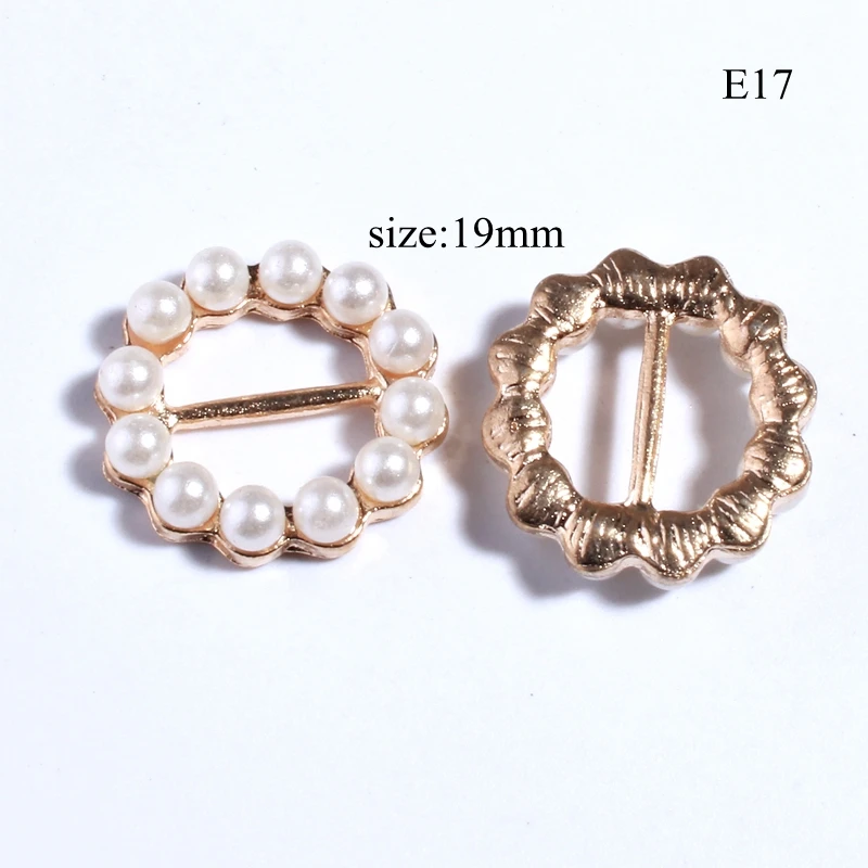 10Pcs 19MM New Gold Round Crystal Pearls Rhinestone Buckle For Invitation Ribbon Slider Buckles For Wedding Ivory Accessories