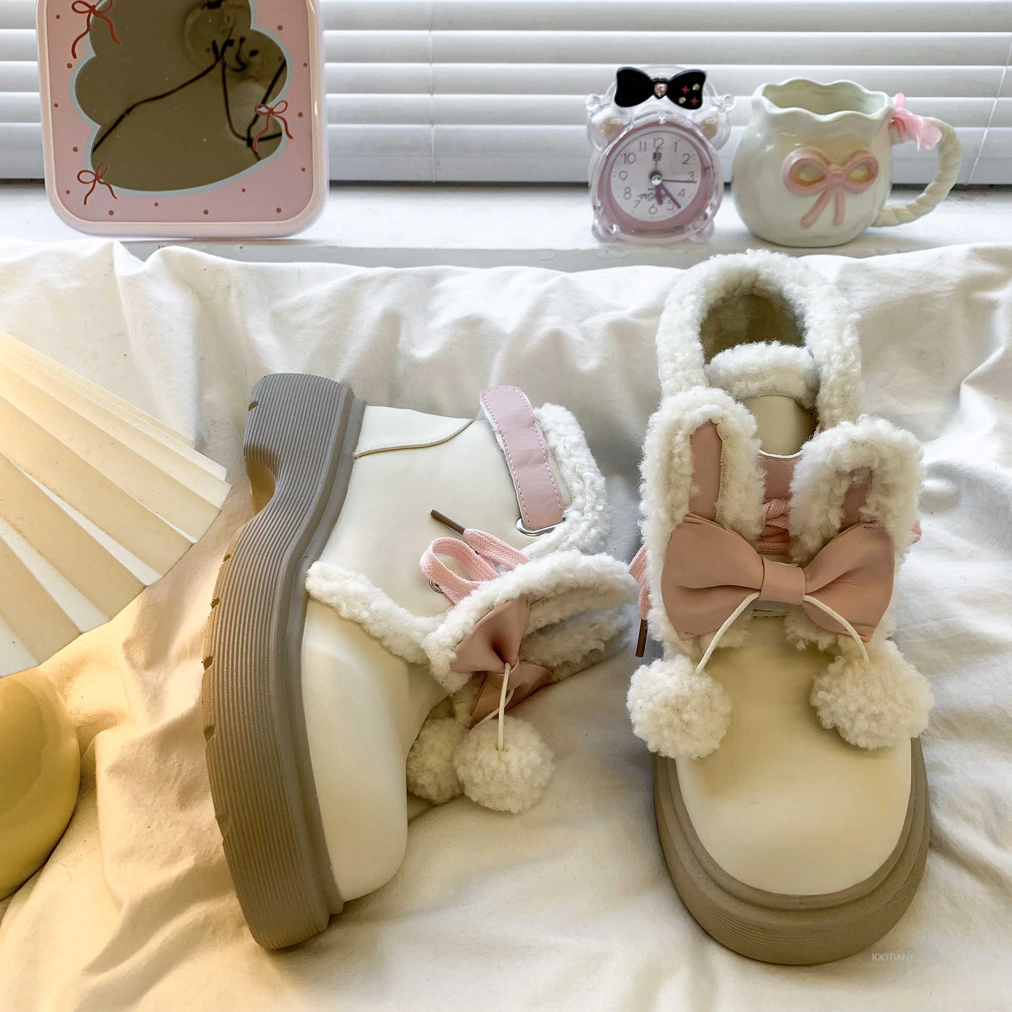 لوليتا على غرار الشتاء منتصف العجل الثلوج الأحذية ل تأثيري لطيف تلميذة القوس آذان أرنب أفخم الدافئة شقة وحيد أحذية بكعب سميك 2026 #3