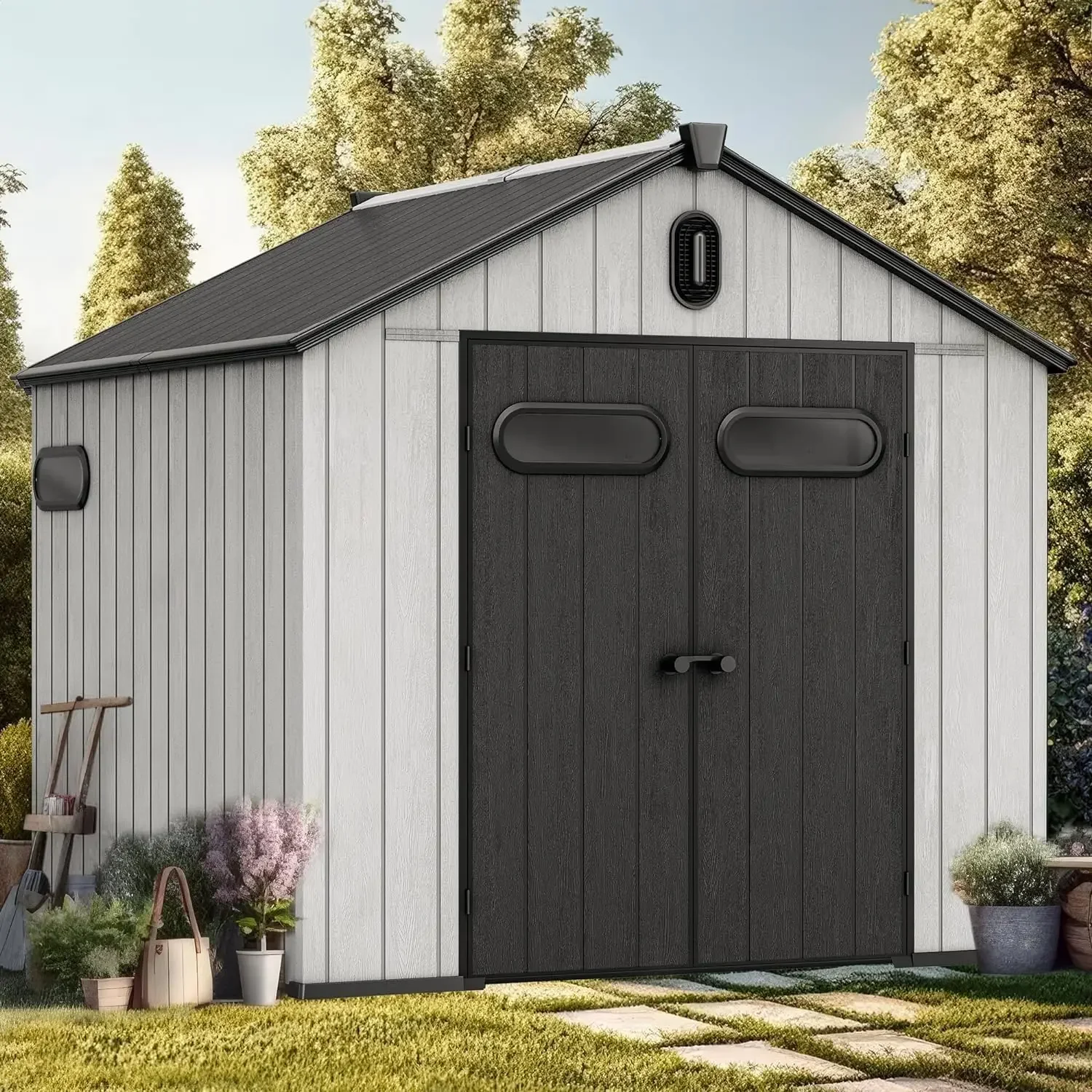 8x8ft Outdoor Resin Storage Shed with Floor, 427 cuft Waterproof Garden Shed with Lockable Door, Windows & Vents