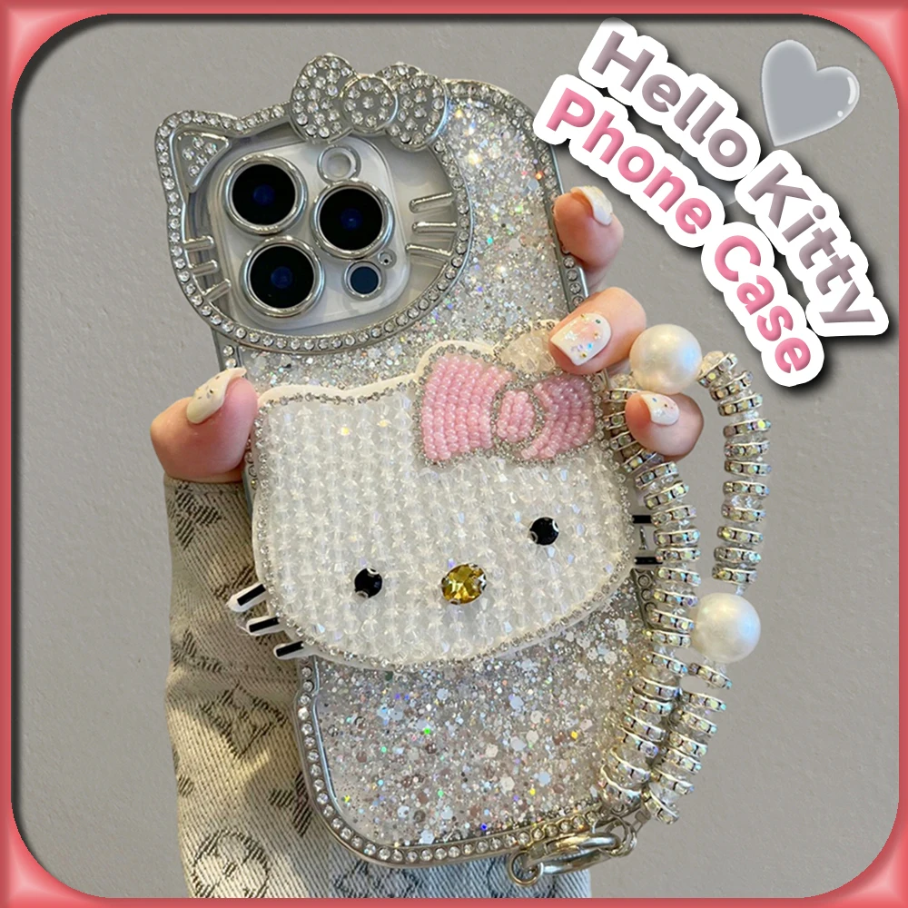 Kawaii Hello Kitty Creative Rhinestone Case for IPhone 11 12 13 14 15 16 Pro Max Sanrio Anime Protective Cover with Bracelet