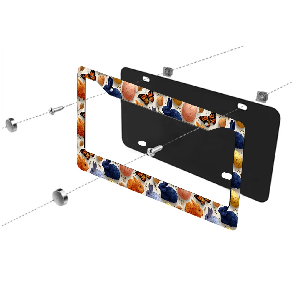 1pc Colorful Rabbit and Butterfly Pattern 2 Hole License Plate Frame, Aluminum Material, 6x12 Inches, with Screw Set, Cartoon,