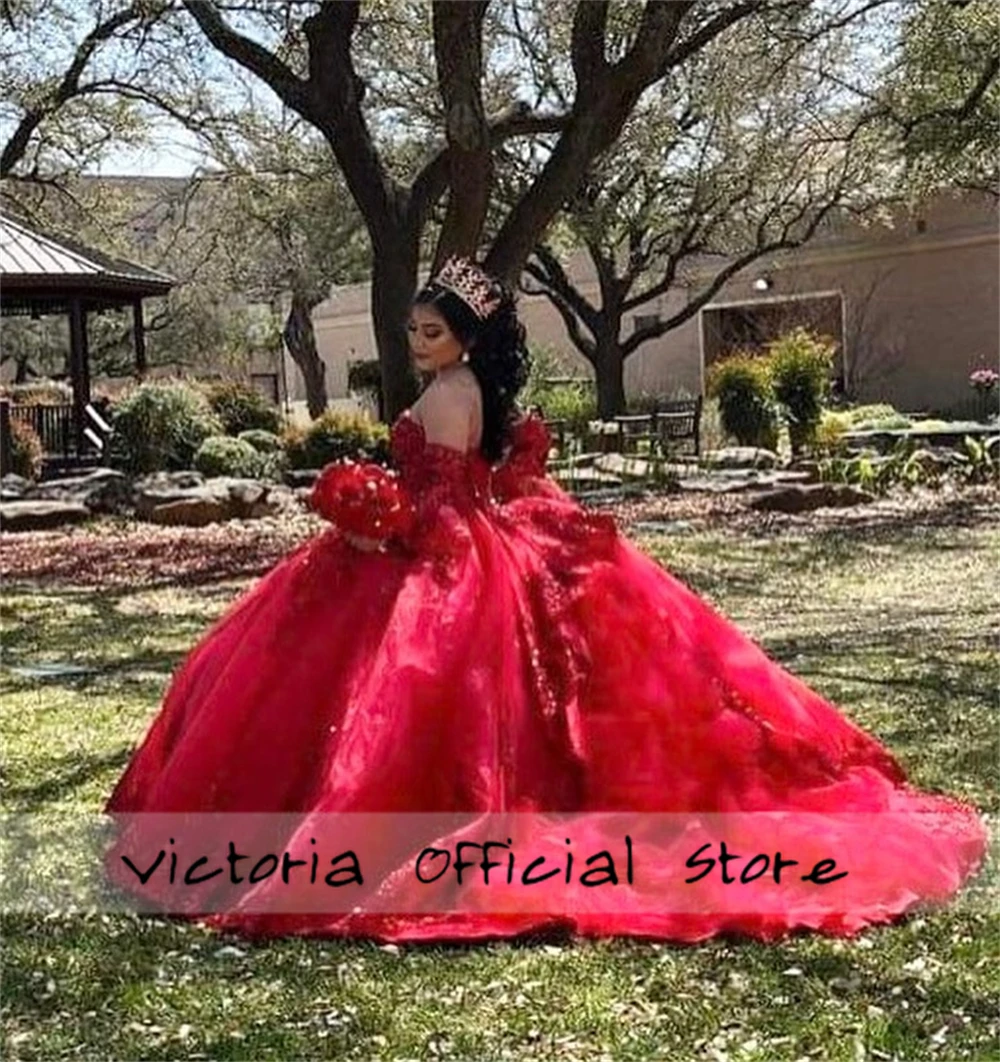 Princess Red Ruffles Sequined Appliques Ball Gown Quinceanera Dresses 2024 With Half Sleeves Mexican Sweet 15 16 Dress vestidos