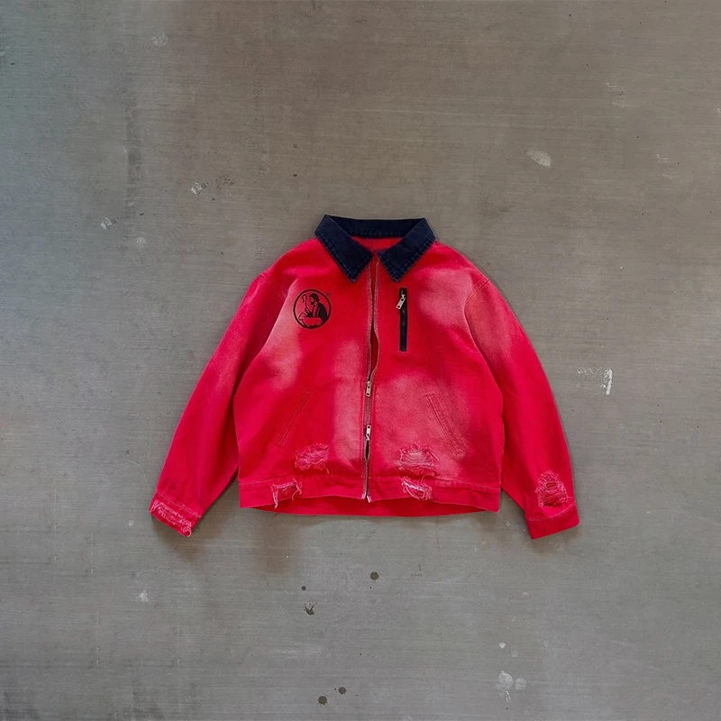 Y2K 빈티지 디스트레스드 재킷 레터 프린팅 그래픽 찢어진 디자인 대비 칼라 지퍼 재킷 남녀 패션 스트리트웨어