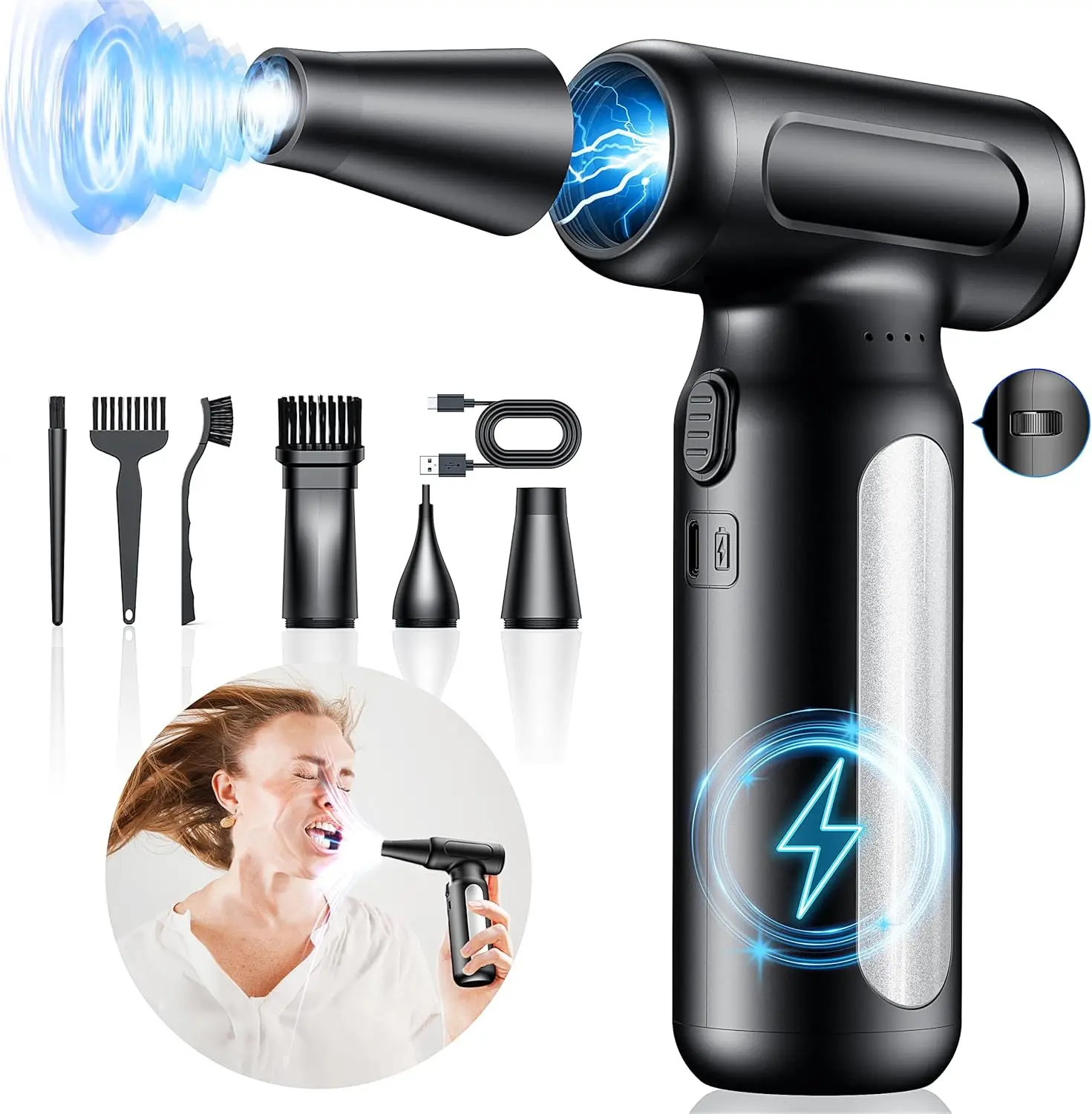 

Rechargeable Cordless Air Duster for Electronics, Keyboard & PC Cleaning, Replaces Canned Air with Multiple Nozzles