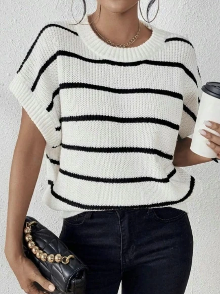 

Женский вязаный топ в полоску с рукавами «летучая мышь», повседневная модная рубашка с длинными рукавами, подходящая для повседневной носки и многослойного образа