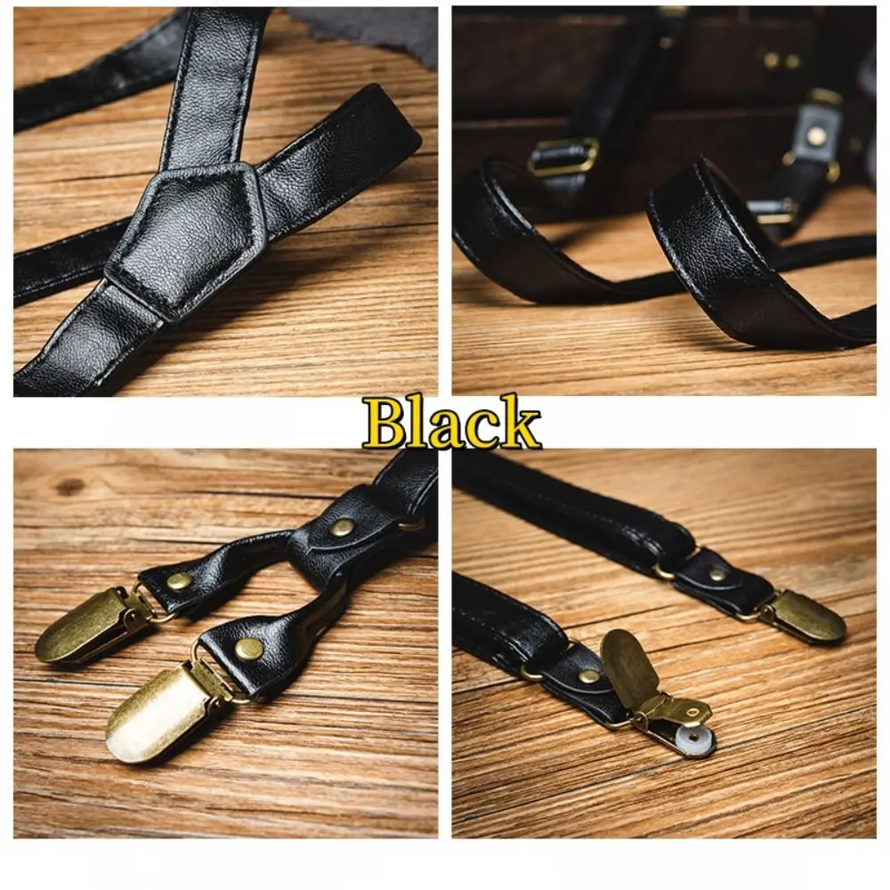 Simple Black Suspenders for Men Brown British Style Leather Suspenders Spaghetti Strap Anti-slip Suspender Clip Men