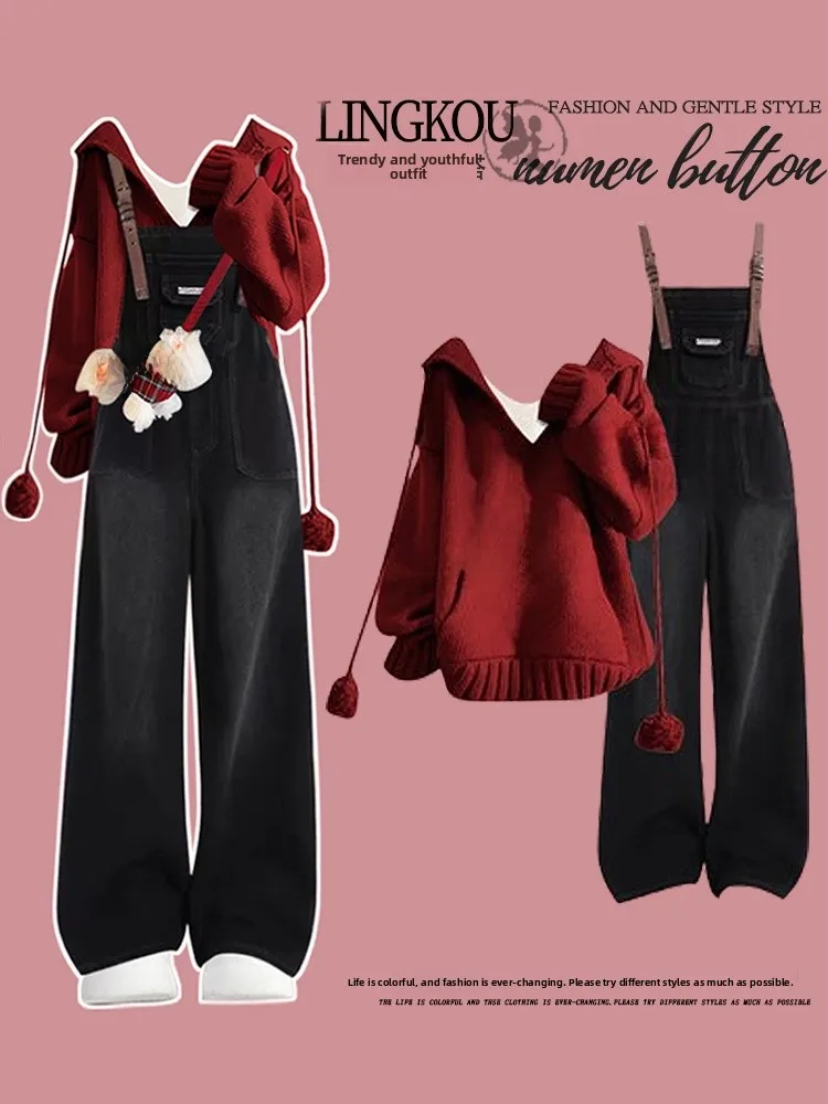 

Красный вязаный свитер и джинсовый комбинезон, женский модный комплект, осенне-зимний костюм-футболка для колледжа, универсальный базовый слой