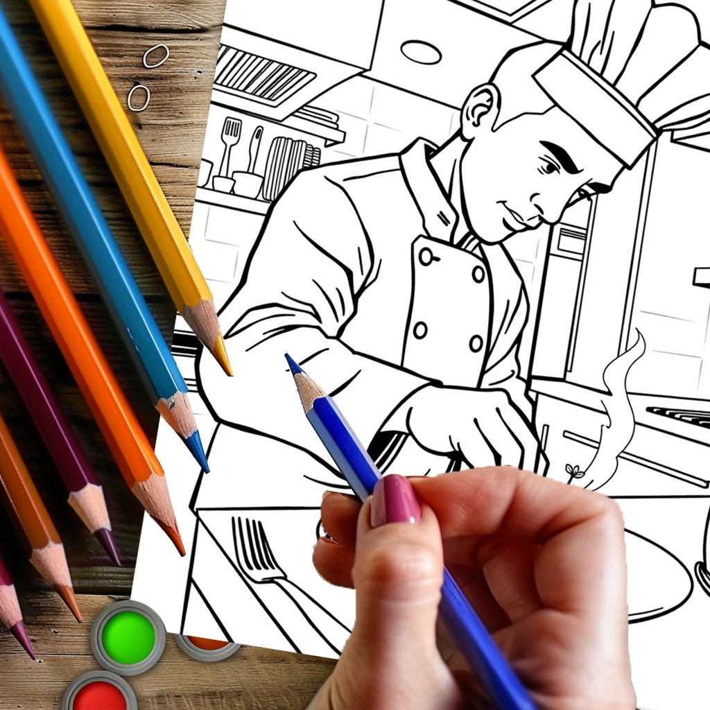 Libro para colorear de estilo de exploración de cocina de 28 páginas, libro para colorear para reducción de estrés de adultos |   Libro para colorear para aliviar el estrés