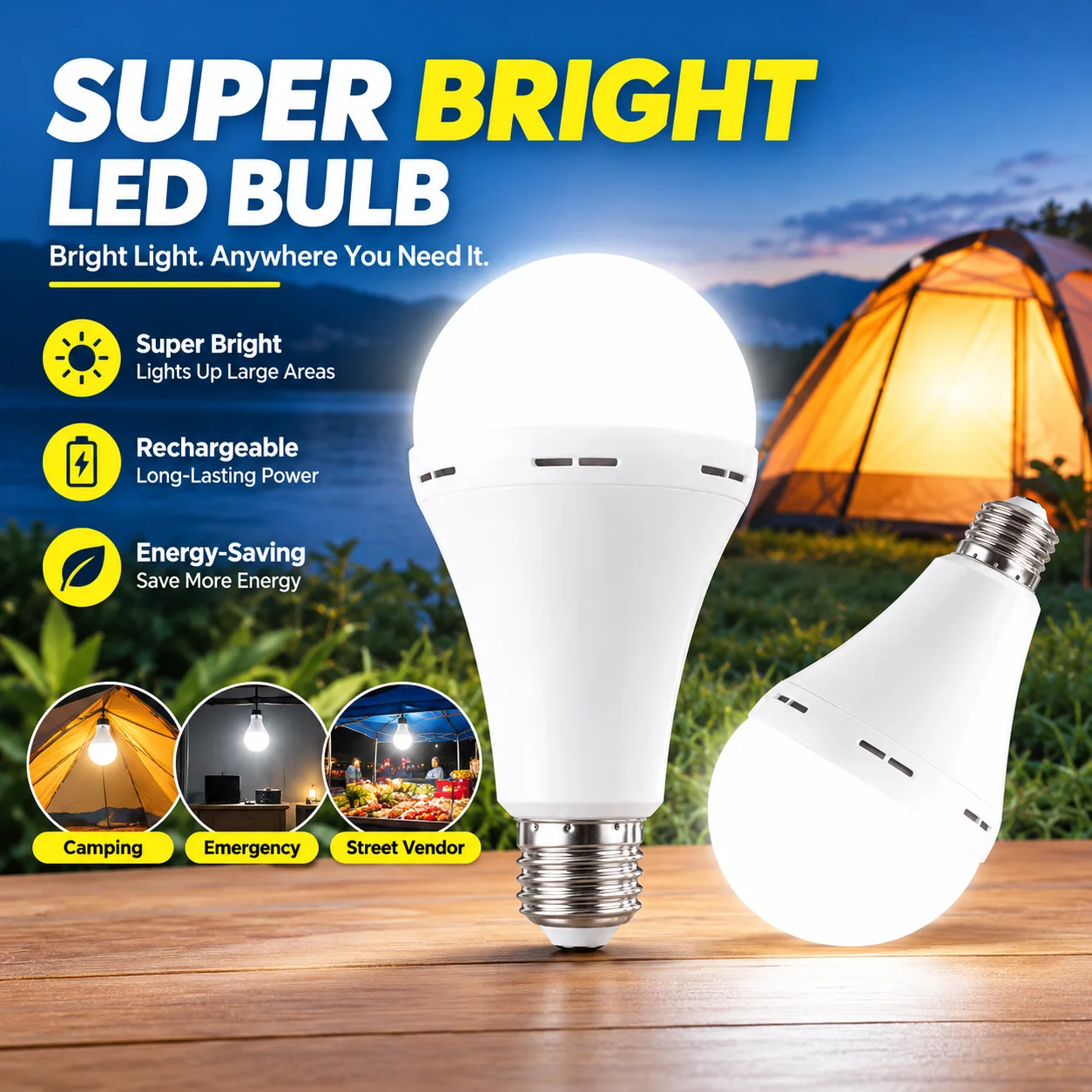 Rechargeable LED Bulb Wireless Super Bright Energy-Saving Screw Base Lamp for Camping Emergency Street Vendor Lighting