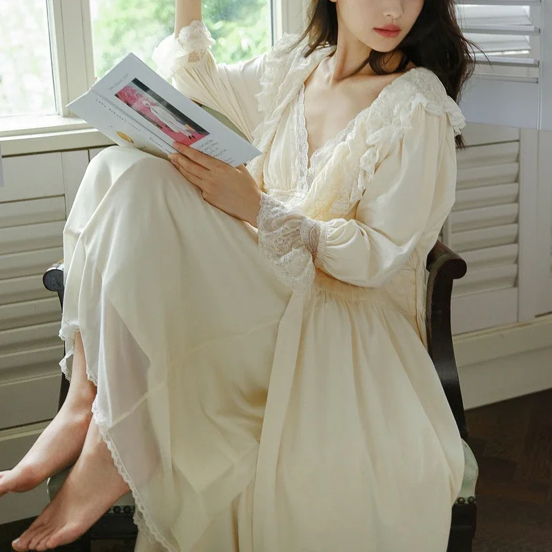 Sexy V Neck Nighty Robe Set Women Fairy Cotton Long Sleepwear Sweet Princess Nightwear Pijamas Set Vintage Apricot Nightgowns