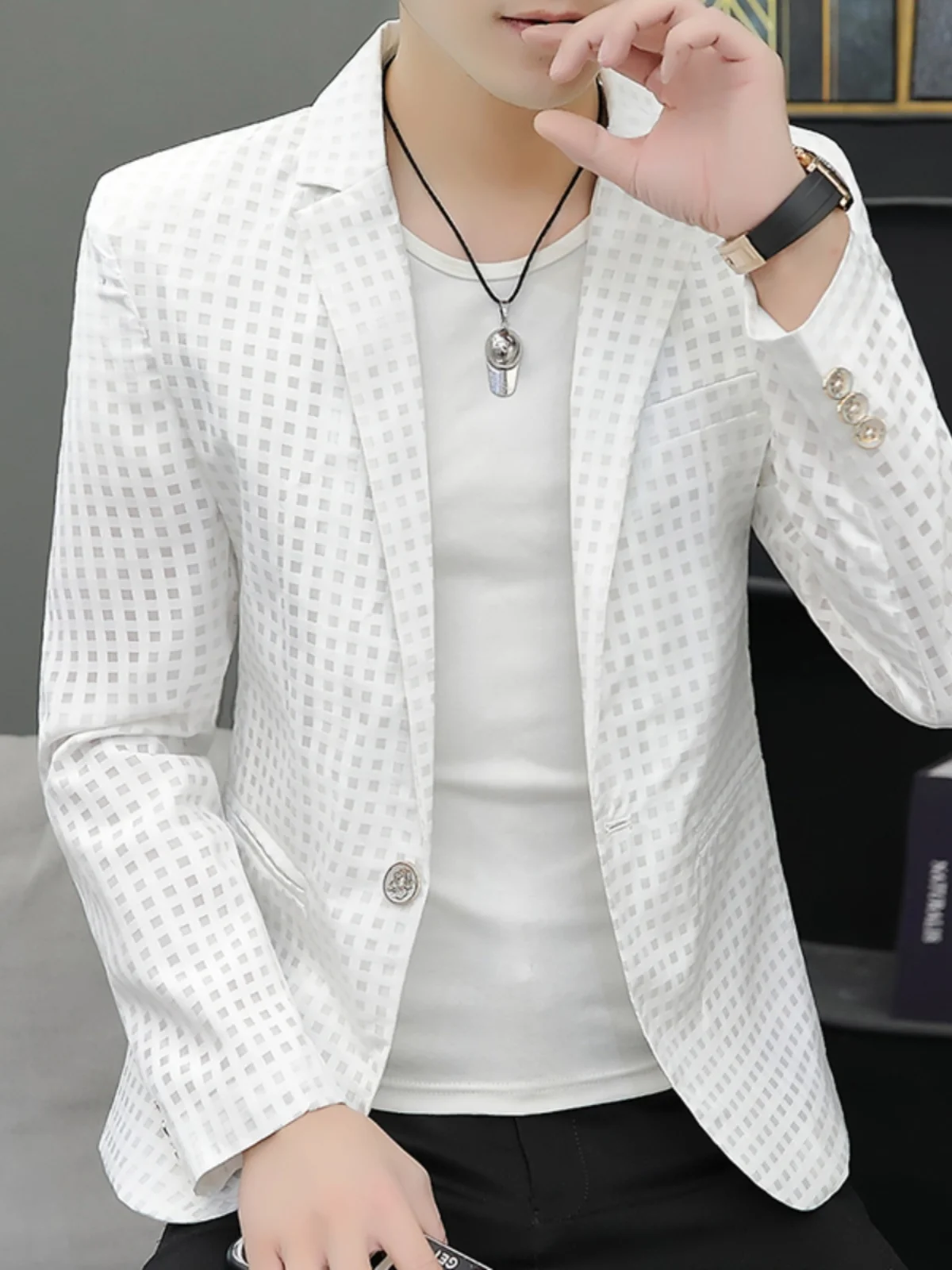 

Летний тонкий однобортный мужской костюм Slim Fit в корейском стиле, легкий повседневный пиджак с вырезами и длинными рукавами в клетку