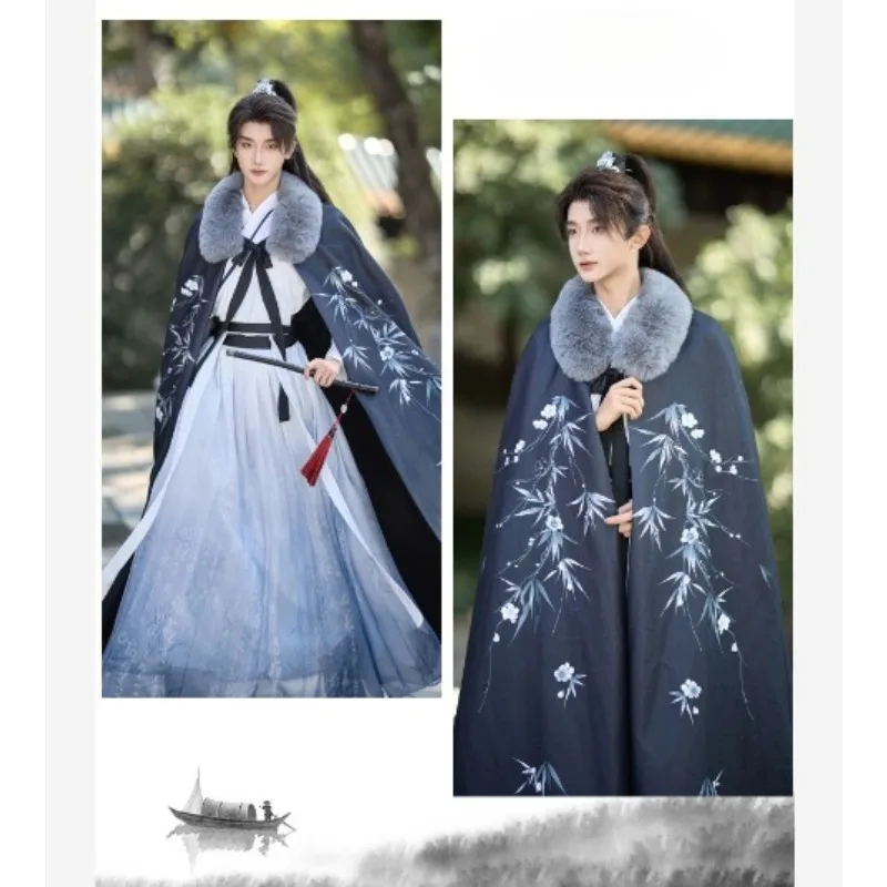 

Men's Hooded Handsome Antique Fur Collar Warm Cape Original Chinese Style Traditional Chinese Clothing Thickened Velvet Cape