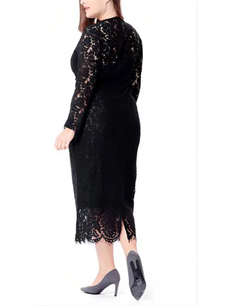 Fashionable Lace Plus Size Women's Intellectual Elegance Irregular Long Sleeve Slim Fit Dress Evening Party Vestidos para mujer