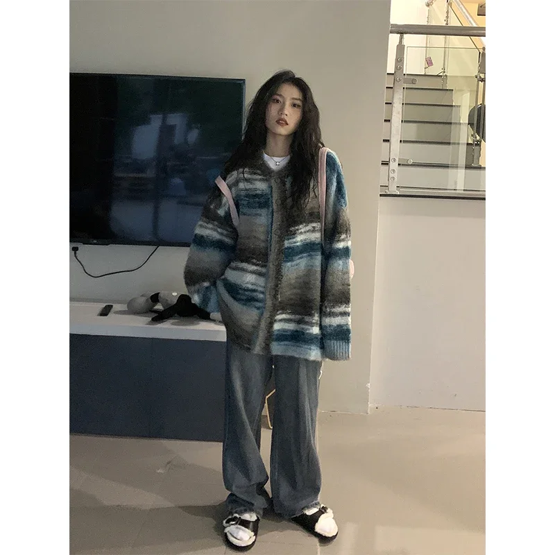 Vintage Striped Knitted Cardigan Women Streetwear Gradient Sweater Coat Harajuku Plus Size Knitwear Korean Patchwork Jumper Tops