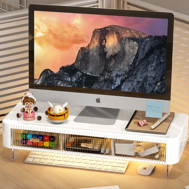 Luxury and minimalist suspended computer with elevated height desktop display screen support frame and drawer storage rack