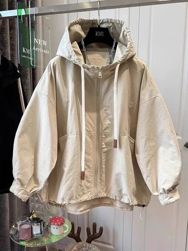 

ex, большой размер 300, корейская куртка на молнии с капюшоном, ветрозащитная весенне-осенняя парка в американском стиле ретро, пальто