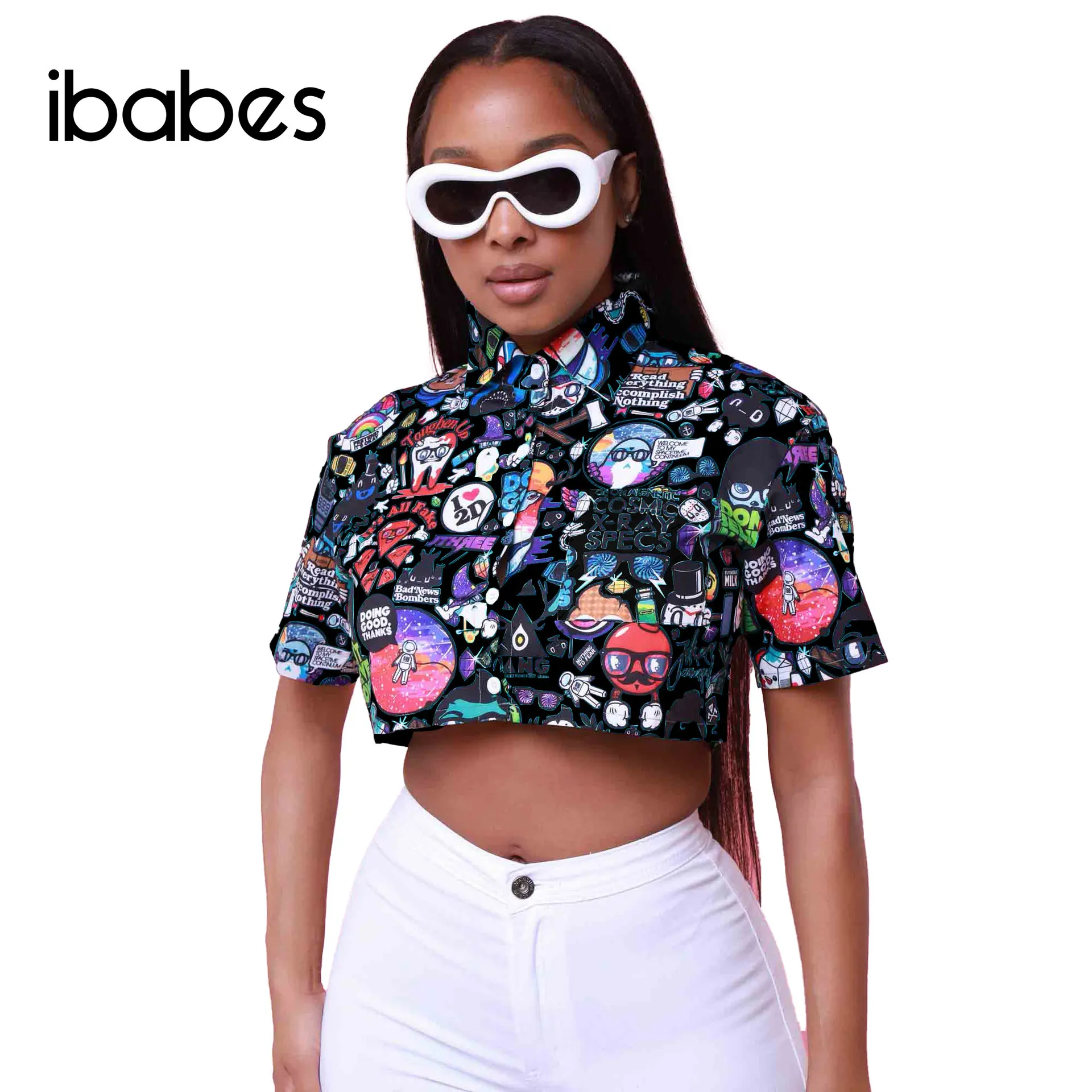 

Funny Cartoon Printed Women Shirts Short Sleeve Button Up Blouse 2023 Summer High Street Top Sexy Night Club Party Pullovers