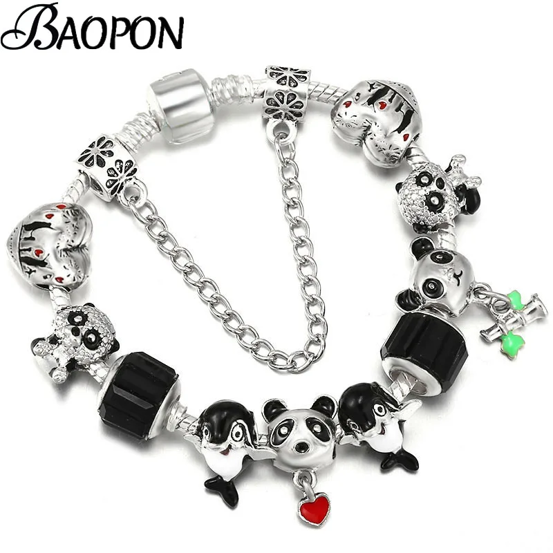 Pulseras con cuentas de delfín y panda negro, bonitas, con cadena plateada, para mujeres, hombres y niñas, regalo de joyería