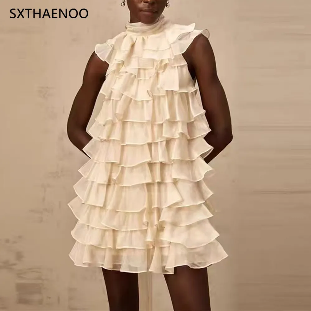 

SXTHAENOO Fashionable Retro Lace Trim Sleeveless Summer 2025 Women's Dress Elegant Floaty Neckline High-End Feelings Maxi Skirt