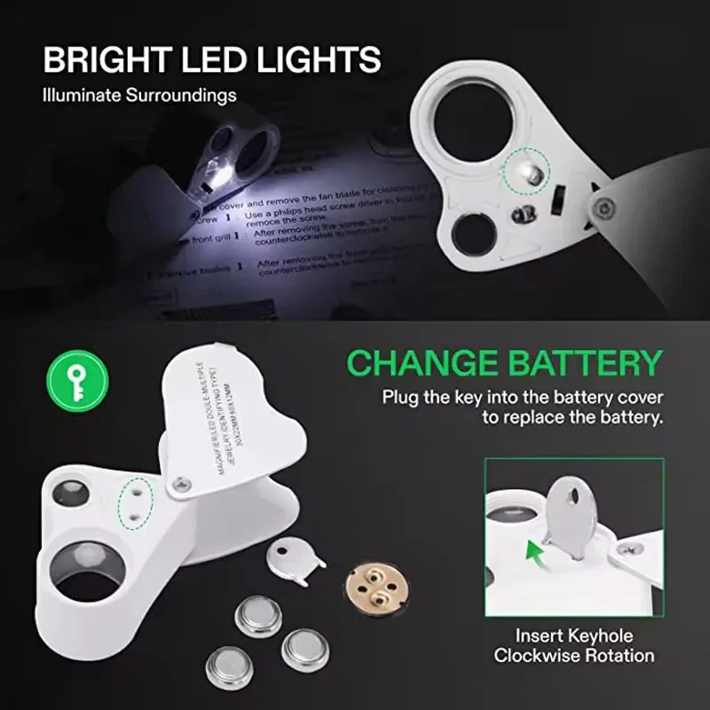 30X 60X مضيئة مجوهرات العدسة المكبر مجوهرات قابلة للطي المكبر مع مصباح ليد مشرق للأحجار الكريمة مجوهرات عملات طوابع