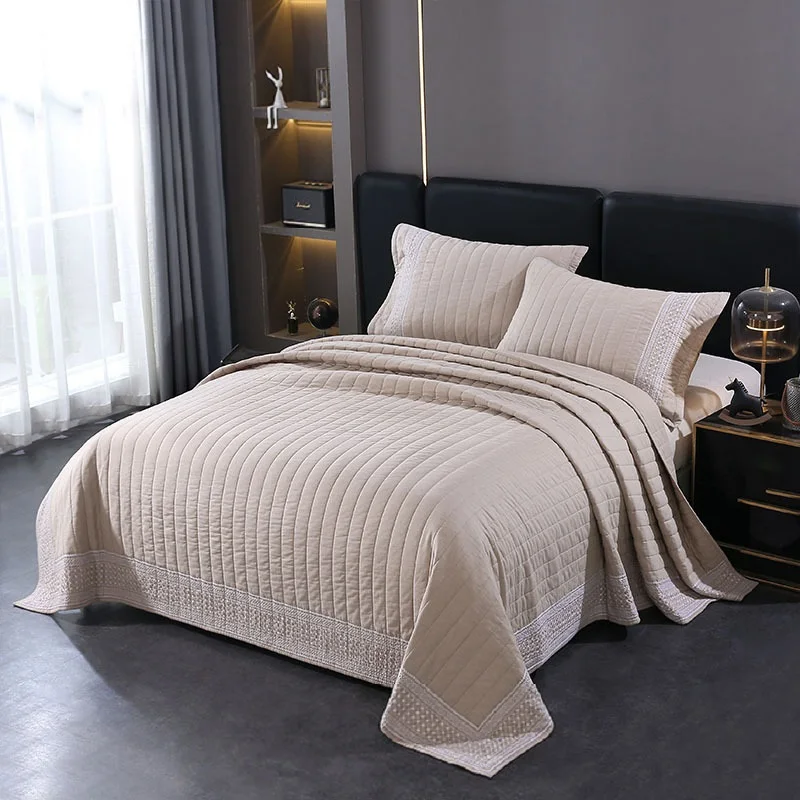 

Luxury Cotton Quilt Set Khaki Bedspread on The Bed Quilted Blanket Comforter Padding Bed Cover Coverlet Home Bedding Set 3pcs