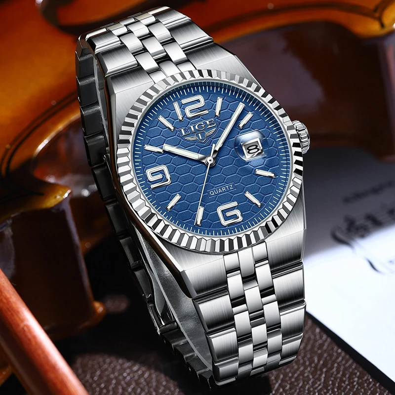 LIGE Neue Taucheruhr mit großem Zifferblatt, Herrenmode, Business, wasserdichte Uhren für Herren, Edelstahl, leuchtende Herren-Quarz-Armbanduhr