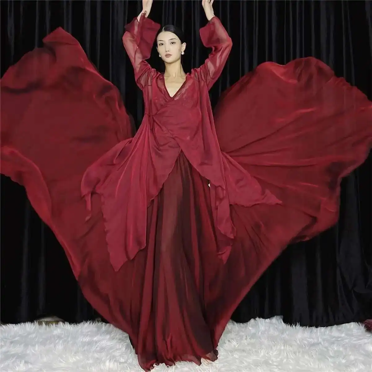 

Dan Xiaoyi Same Style WYZ Cover Gauze Dress Ethnic Style Wine Red Dance Costume Chinese Style Jazz Costume Art Exam