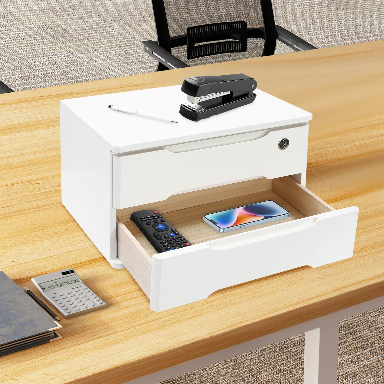 39*30*21cm 2 Layer Desktop Storage Box Desktop Storage Box with Lockable Drawer Drawer Organizer for Office Study Bedroom White